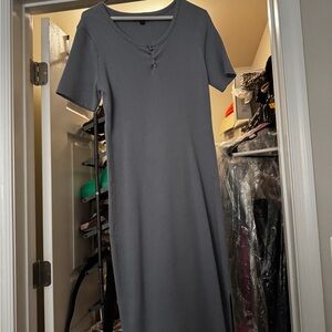 Ribbed Short Sleeve V-Neck Midi Dress - Slate Blue Grey - worn twice